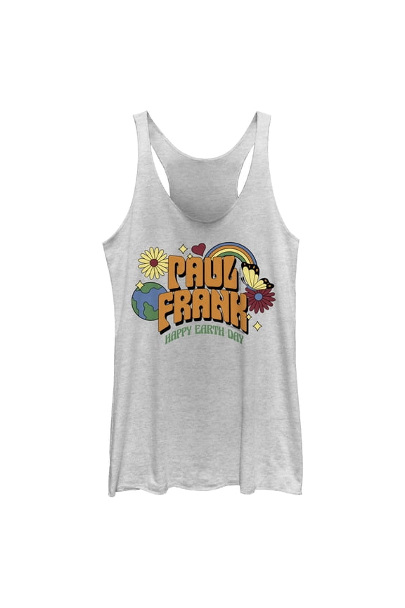 Women's Paul Frank Vintage Happy Earth Day Racerback Tank Top White Heather 2X Large