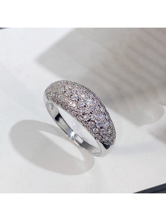Women's Pave Cubic Zirconia Dome Ring, 925 Sterling Silver Plated, Sparkling Full CZ Cluster Wedding Band, Engagement Anniversary Promise Jewelry for Her, Sizes 9