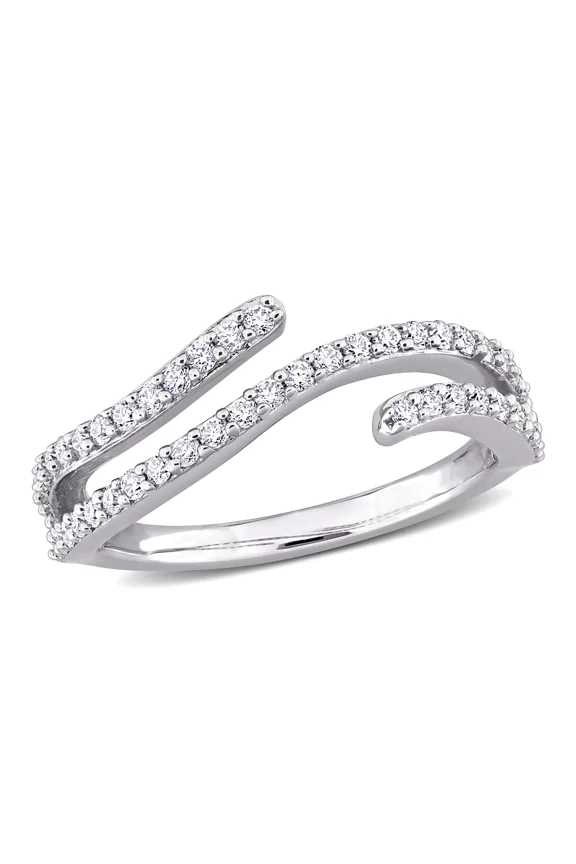 Women’s Pave Diamond Crossover Ring, 14K White Gold Plated, Modern Open Wedding Eangagement Band, 1.3 CT Round Brilliant Simulated Diamond, Anniversary Ring