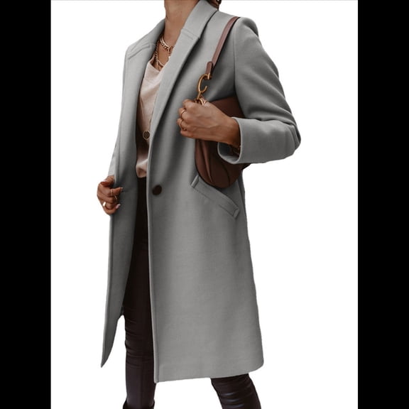 Women's Pea Coat Lapel Single Button Windbreaker Loose Casual Mid-Length Jacket Fall Winter Coat Light Gray XXL