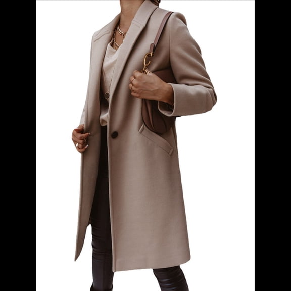 Women's Pea Coat Lapel Single Button Windbreaker Loose Casual Mid-Length Jacket Fall Winter Coat Light XL