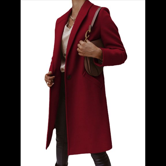 Women's Pea Coat Lapel Single Button Windbreaker Loose Casual Mid-Length Jacket Fall Winter Coat Wine Red XXXL