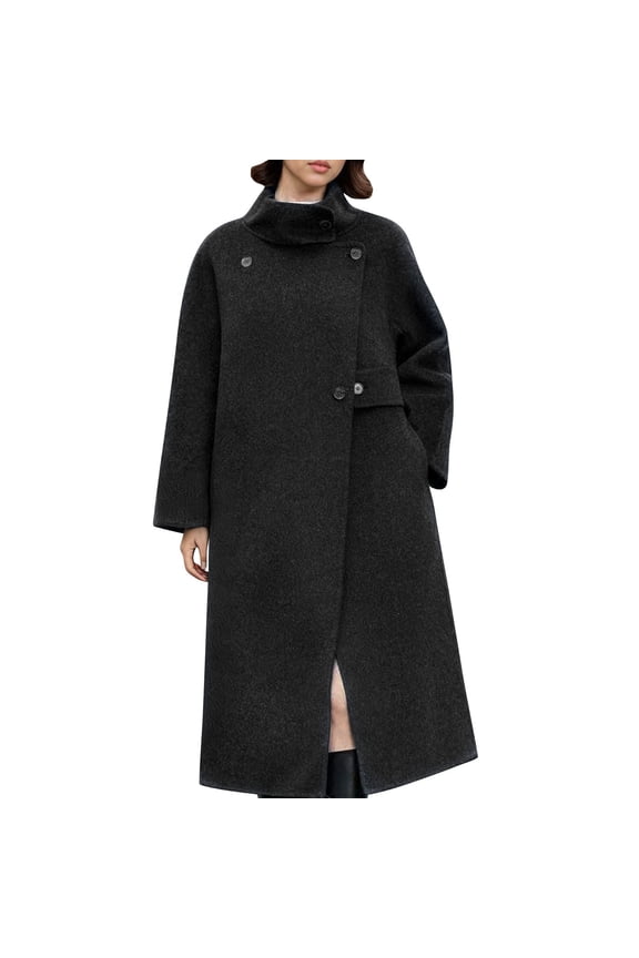 Women's Pea Coat Oversized High Collar Long Coat Heavy Insulated Windproof Winter Outerwear Coats Black L