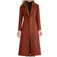 thumbnail image 1 of Women's Pea Coat Solid Full Sleeve Long Length Button Down Lapel Collar Jacket with Pockets Brown 3XL, 1 of 3