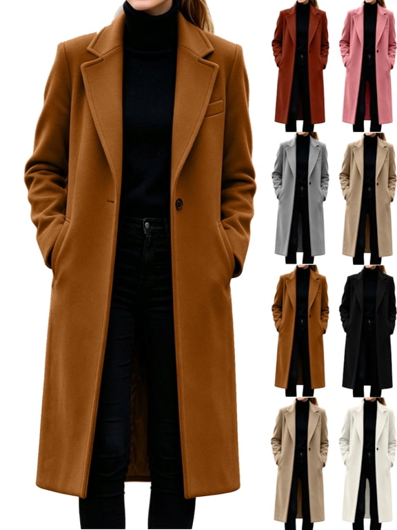 Women's Pea Coats Lapel Long Sleeve Coats Button Down Casual Work Fall Winter Loose Woolen Long Coats