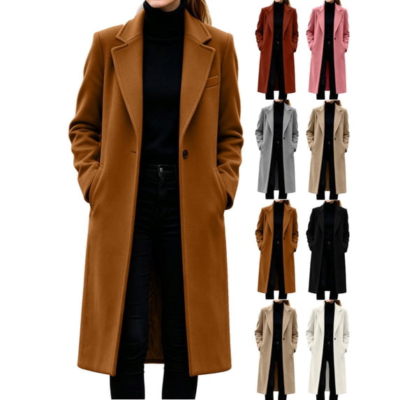 Women's Pea Coats Long Sleeve Lapel Button Down Coats Wool Blend Casual Work Fall Winter Loose Woolen Long Coats