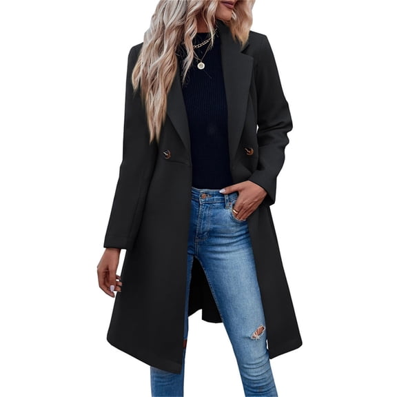 Women's Pea Trench Coats Notched Lapel Double Breasted Belted Business Casual Jackets Outerwear