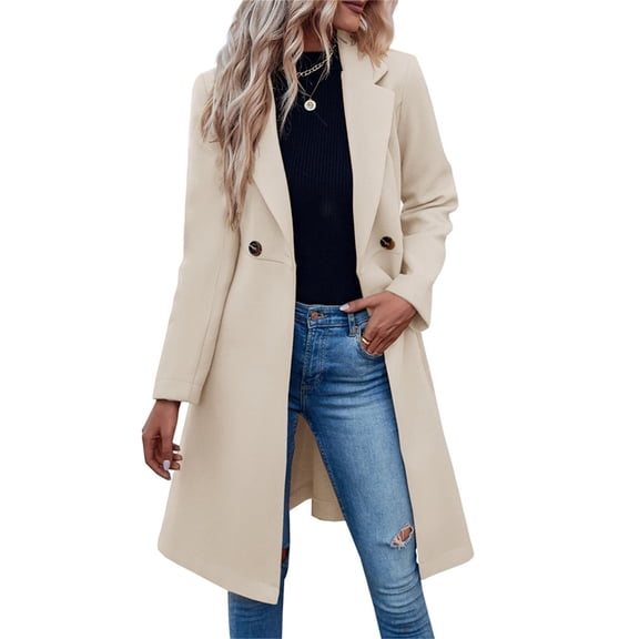 Women's Pea Trench Coats Notched Lapel Double Breasted Belted Business Casual Jackets Outerwear