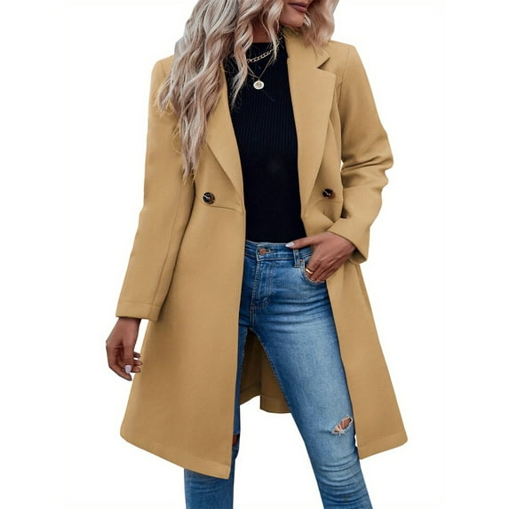 Women's Pea Trench Coats Notched Lapel Double Breasted Belted Business Casual Jackets Outerwear