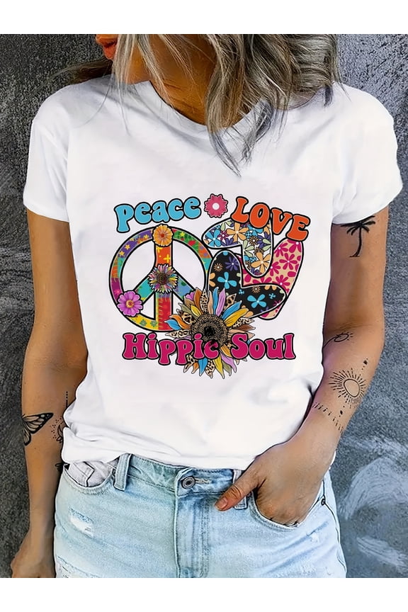 Women's Peace Love Hippie Soul Graphic Tee - Retro Psychedelic Print Short Sleeve Round Neck Bohemian T-Shirt, Casual Comfort Stretch Fit