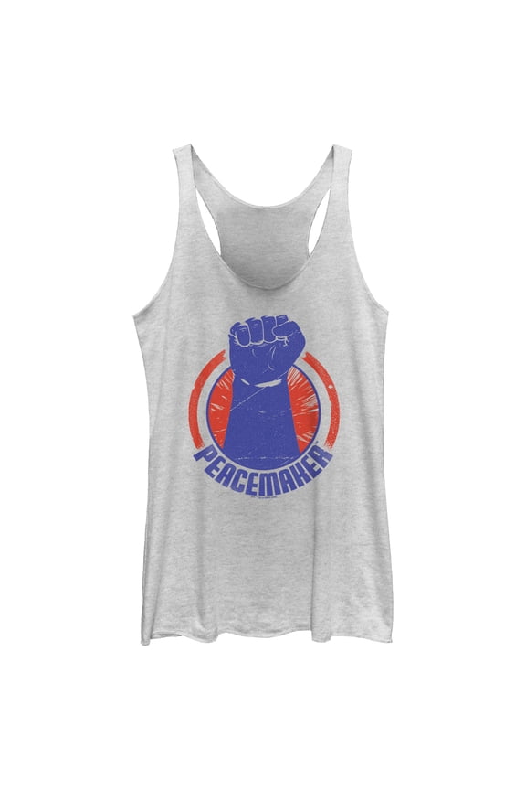 Women's Peacemaker Blue Fist Circle  Racerback Tank Top White Heather 2X Large