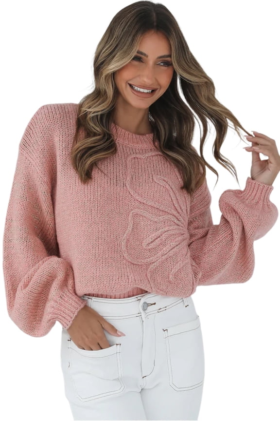 Women's Peach Blossom Bubble Sleeve Drop Shoulder Sweater with Big Flower Accent | [ZhiHiMeRi] | L