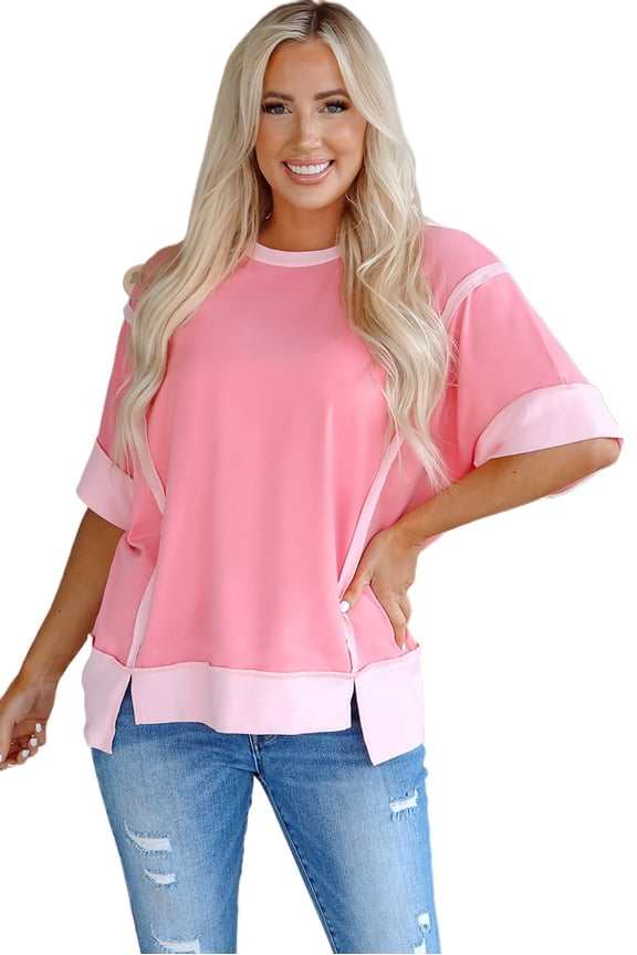 Women's Peach Blossom Half Sleeve Top with Raw Seam and High Low Side Split - [ZhiHiMeRi] | (US 16-18)XL