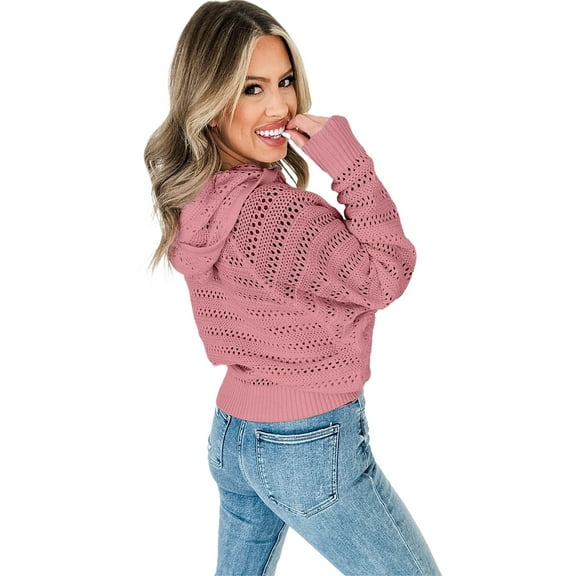 Women's Peach Blossom Pointelle Knit Raglan Sleeve Hooded Sweater - [ZhiHiMeRi] | (US 12-14)L