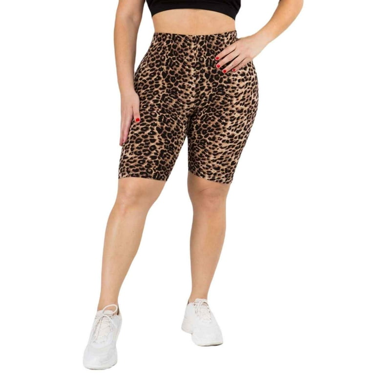 Women's High Waisted Leopard Print Soft Biker Shorts, Peach Women's High Waisted Leopard Print Soft Biker Shorts, Peach
