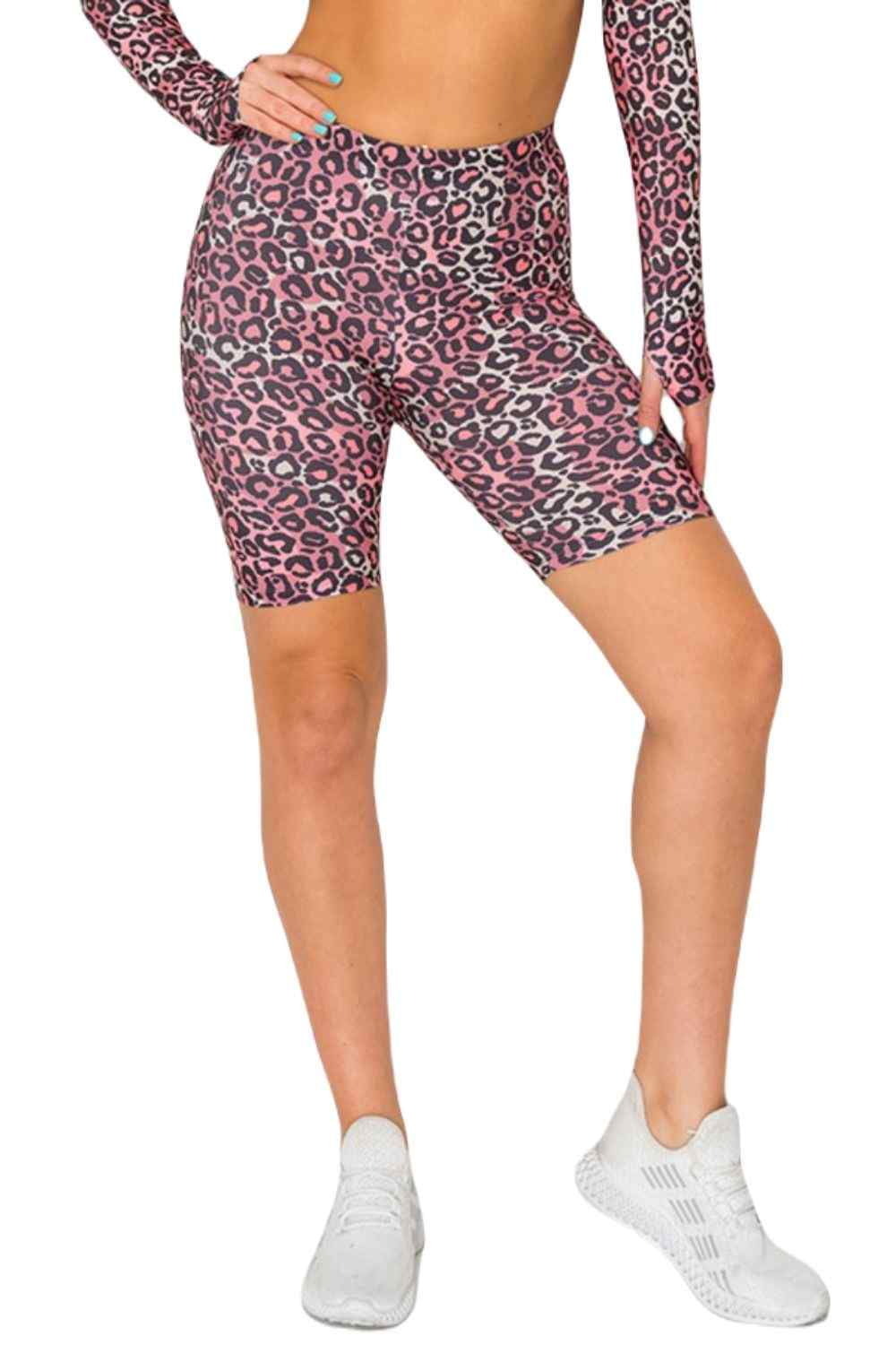 Women's Peach Skin Biker Shorts, Pink Leopard Print High Waisted