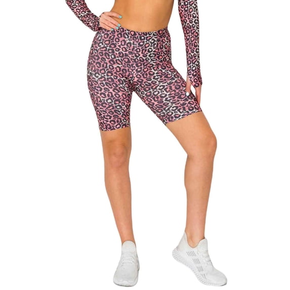 Women's Peach Skin Biker Shorts, Pink Leopard Print High Waisted Soft, M