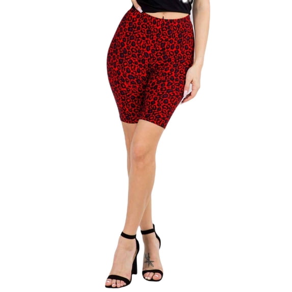 Women's Peach Skin Biker Shorts, Red Leopard Print High Waisted Soft, One Size