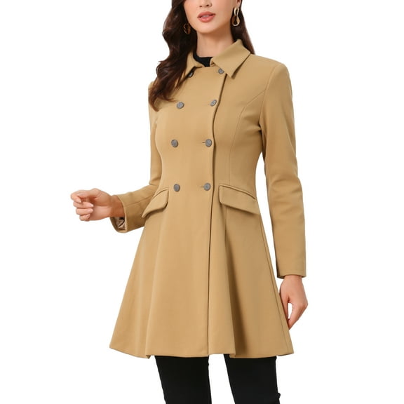 Women's Peacoat Overcoat Double Breasted Vintage A-line Flare Winter Coat XS Camel
