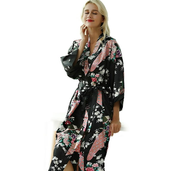Women's Peacock Floral Satin Robe Kimono Silky Nightgown Sleepwear