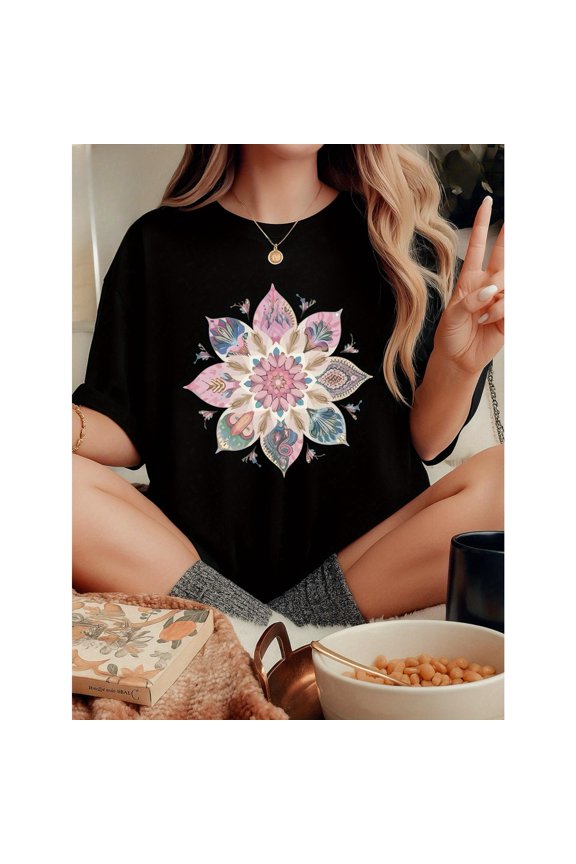 Women's Peacock Floral T-Shirt Crew Neck Short Sleeve Casual Graphic Tee Top Cotton Black S-5XL