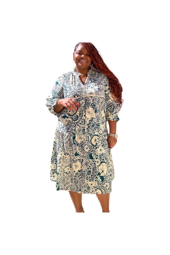 Women's Peacock Print Tiered Midi Dress With 3/4 Sleeves