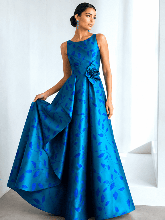 Women's Peacock and Blue Floral Print and Pleated A-Line Maxi Silhouette Evening Gown with Sleeveless
