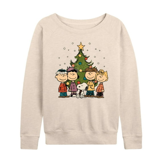 Women's Peanuts Christmas Group Lightweight French Terry Sweatshirt Color: Beige Size: SMALL