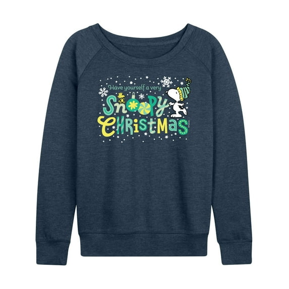 Women's Peanuts Snoopy Christmas Lightweight French Terry Sweatshirt Color: Heather Indigo Size: MEDIUM