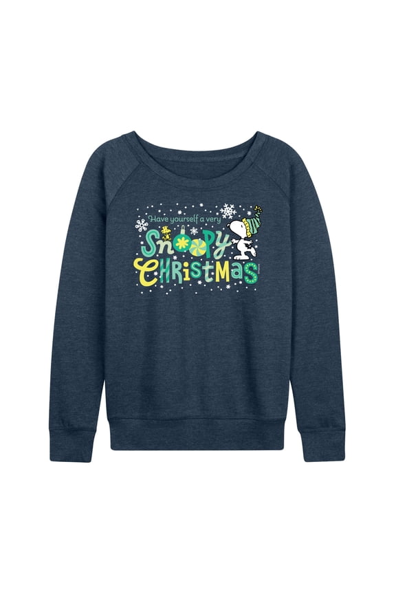 Women's Peanuts Snoopy Christmas Lightweight French Terry Sweatshirt Color: Heather Indigo Size: X LARGE