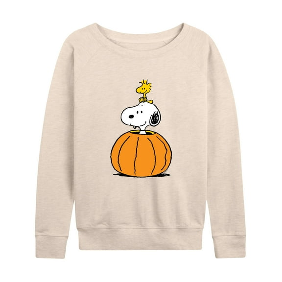 Women's Peanuts Snoopy & Woodstock Pumpkin Lightweight French Terry Sweatshirt Color: Beige Size: X LARGE