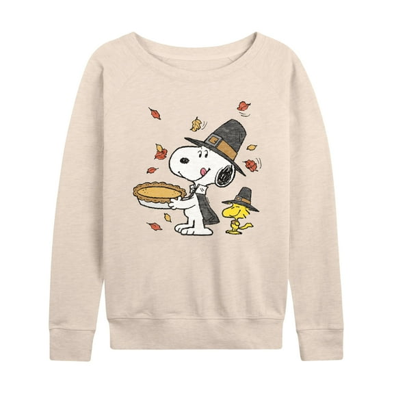 Women's Peanuts Snoopy & Woodstock Thanksgiving Lightweight French Terry Sweatshirt Color: Beige Size: LARGE