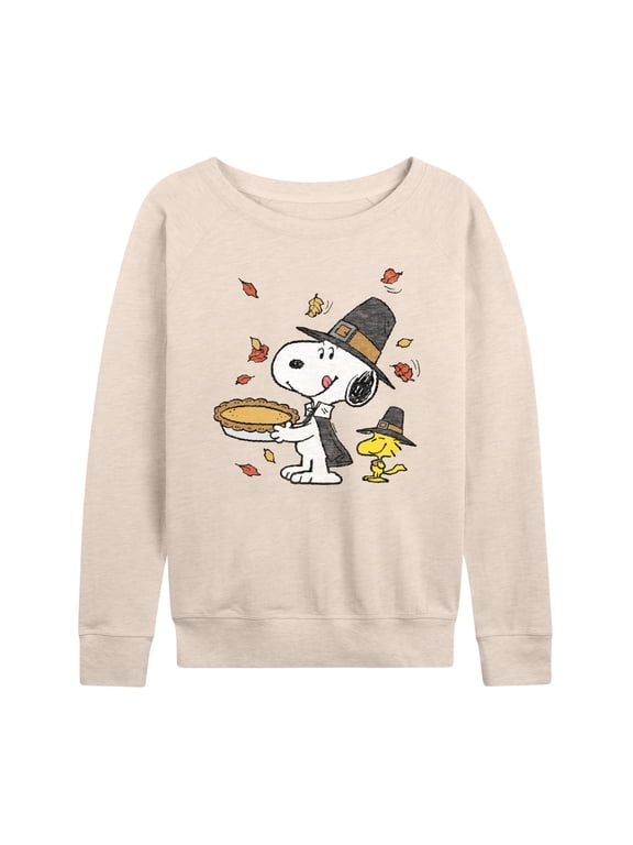 Women's Peanuts Snoopy & Woodstock Thanksgiving Lightweight French Terry Sweatshirt Color: Beige Size: X LARGE
