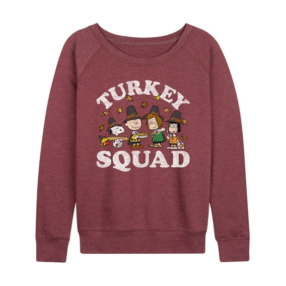 Women's Peanuts Turkey Squad Lightweight French Terry Sweatshirt Color: Heather Dark Red Size: X LARGE