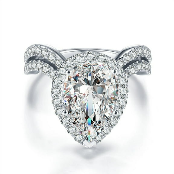 Women's Pear Shape Halo Engagement Ring, Two Row Shank Proposal Wedding Ring, 2 Ct Simulated Pear Cut Diamond Ring, 14K White Gold Plated, Pave Set Anniversary Ring For Her Special Occasion