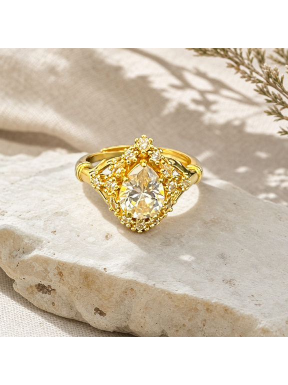 Adjustable Cubic Zirconia Ring for Women, Gold Tone Teardrop Halo Copper Ring