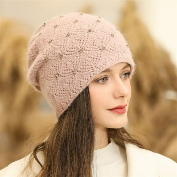 Women's Pearl Beaded Cable Knit Beanie, Chunky Winter Hat with Thermal Insulation for Skiing, Snowboarding and Cold Weather Activities, Stretchable Fashion Cap