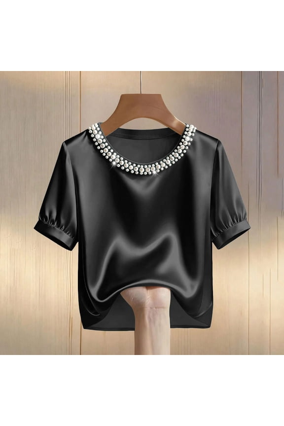 Women's Pearl Collar Satin Blouse Short Sleeve Shiny Silk Top for Formal and Casual Occasions Brown S