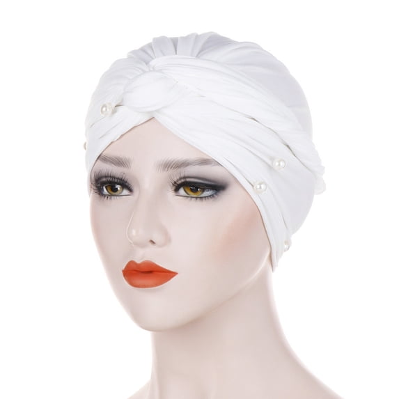 Women's Pearl Embellished Turban Cap, Muslim Beaded Head Wrap for Special Occasions, Cultural Events, and Elegant Modest Fashion Headwear-White