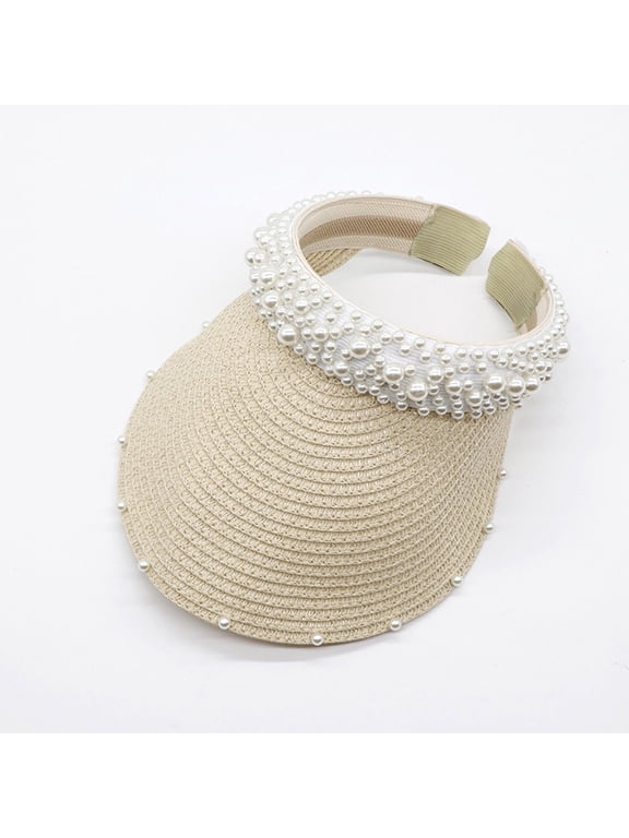 Women's Pearl Hairband Hollow Sun Visor Hat, Woven Straw Cap with Pearl Embellished Headband, for Summer Outdoor Sunshade or Beach Vacation Beige