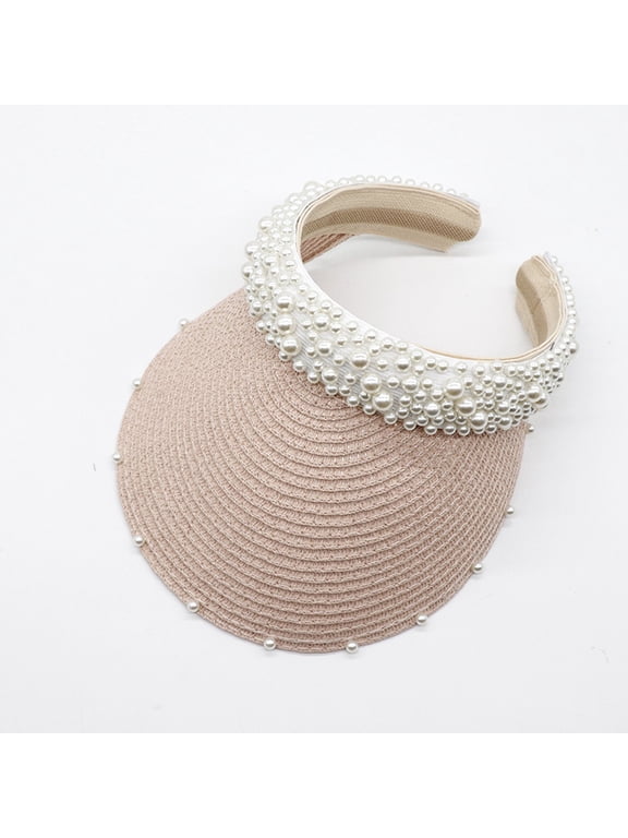 Women's Pearl Hairband Hollow Sun Visor Hat, Woven Straw Cap with Pearl Embellished Headband, for Summer Outdoor Sunshade or Beach Vacation Pink