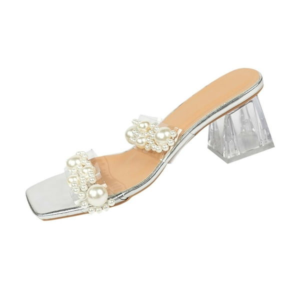 Women's Pearl Heels Sandals Summer Casual Square Clear Chunky Low Heel Sandals Transparent Strap Stiletto High Heels Slip on Mules Party Wedding Daily Wear Footwear