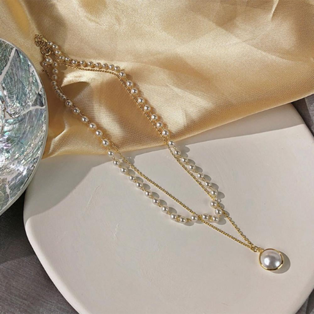 New Cute Double Layer Chain Gold Choker Necklace Women Korean Style Pearl Pendant  Simple Necklace Fashion Jewelry Collar