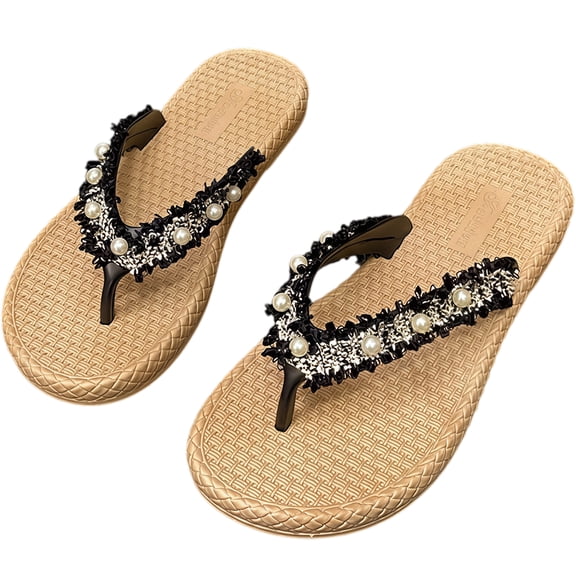 Women's Pearl Rhinestone Flip Flops, Decorative Thick Sole Summer Sandals, Black/Khaki