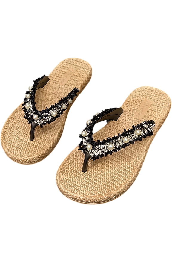 Women's Pearl Rhinestone Flip Flops, Decorative Thick Sole Summer Sandals, Black/Khaki