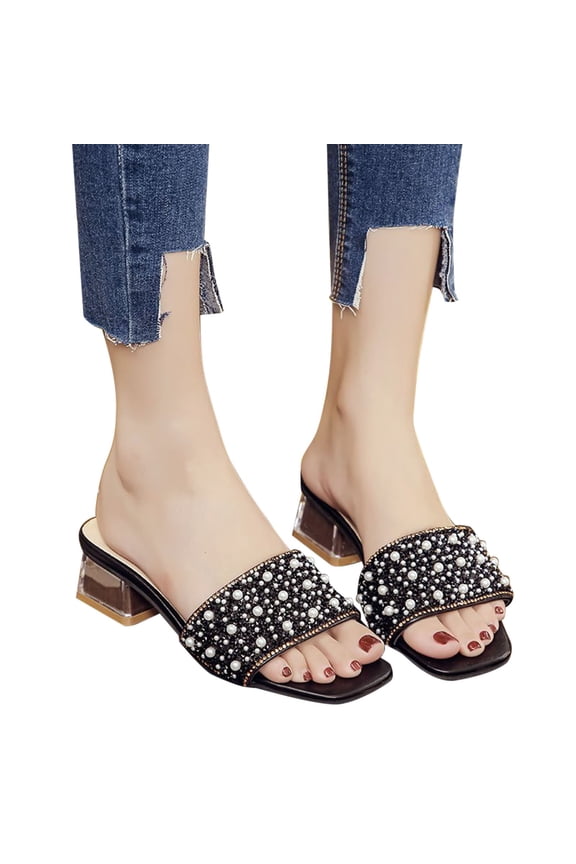 Women's Pearl Rhinestone Square Toe Slide Sandals, Clear Block Heel Mules, Glam Summer Shoes for Party, Wedding, Night Out Black 39