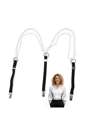 Women's Pearl Rhinestone Y-Shape Suspenders, Adjustable Elastic Wide Suspender Belts with 3 Metal Clips, Fashion Chain Decorative Pants Skirt Braces