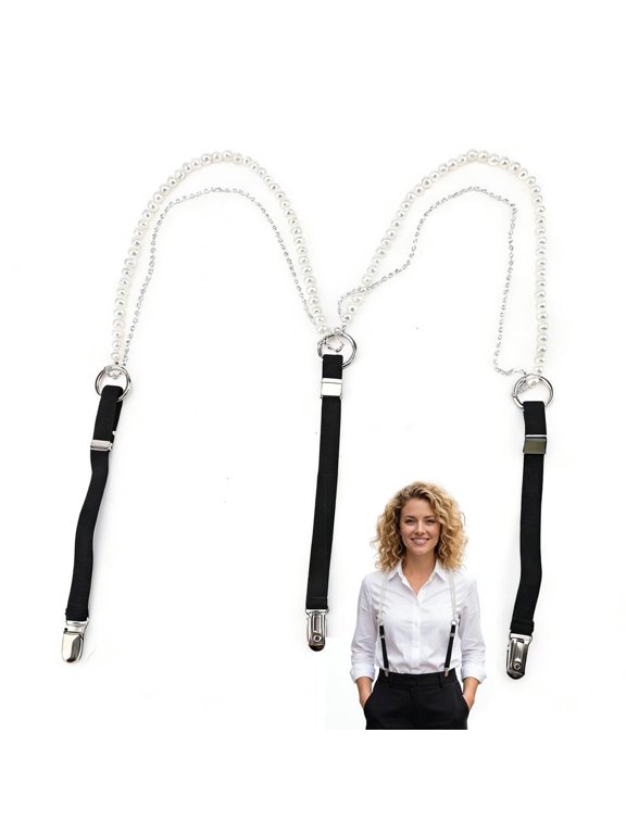 Women's Pearl Rhinestone Y-Shape Suspenders, Adjustable Elastic Wide Suspender Belts with 3 Metal Clips, Fashion Chain Decorative Pants Skirt Braces