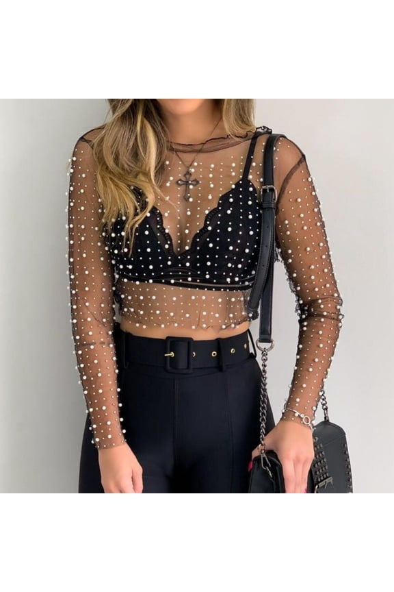 Women's Pearl See Through Mesh Sheer Long Sleeve Crop Tops Rhinestone Glitter Lace Blouse Shirts Sexy Top Clubwear Rave Party