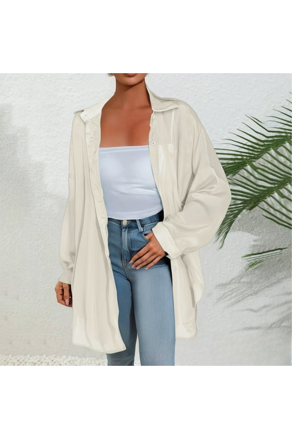 Women's Pearl Sheer UPF 50+ Sun Protection Long Sleeve Shirt, Lightweight See-Through Cover Up, Casual Loose Fit Button Down Beach Tunic Top for Summer